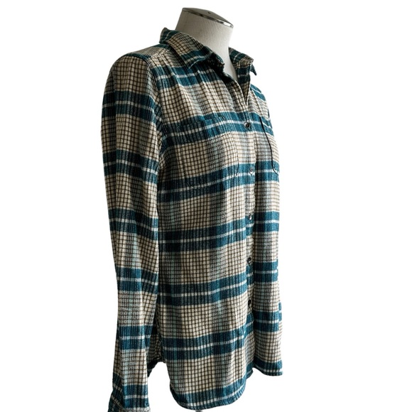 Woolrich button down flannel plaid shirt teal deep aqua gold white‎ womens small - Picture 1 of 11
